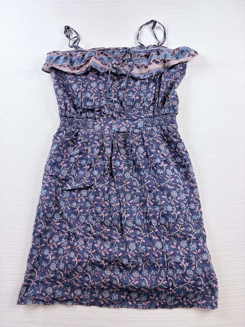 American Eagle Outfitters Blue Pink Floral Ruffle Strapless Dress Size 2